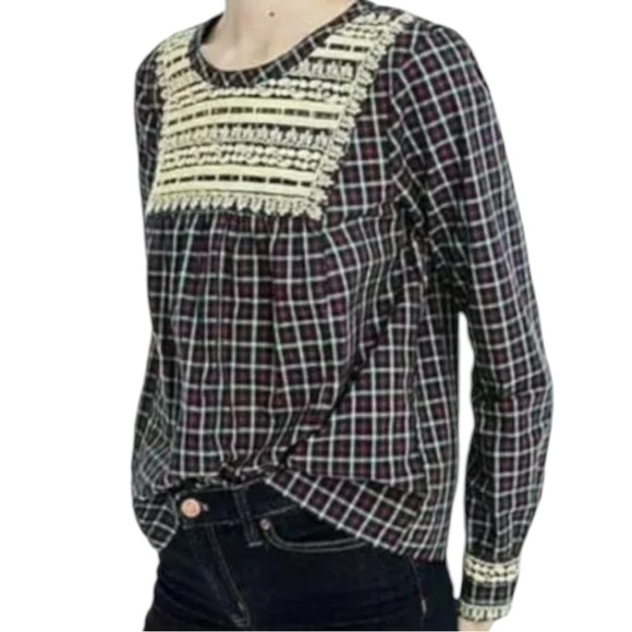 J. Crew Women’s Embroidered Gilded‎ Peasant Plaid Holiday Top Sz S - Picture 1 of 9